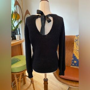 Keyhole Sweater in Black Knit w/ Satin Bow, Long Sleeve, Cowl Neck